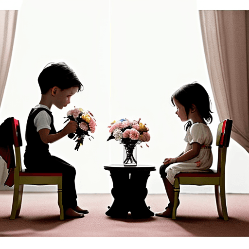 AI generated: Two chairs.  one child on the left hand chair with flowers; and another child on the right hand  cha...
