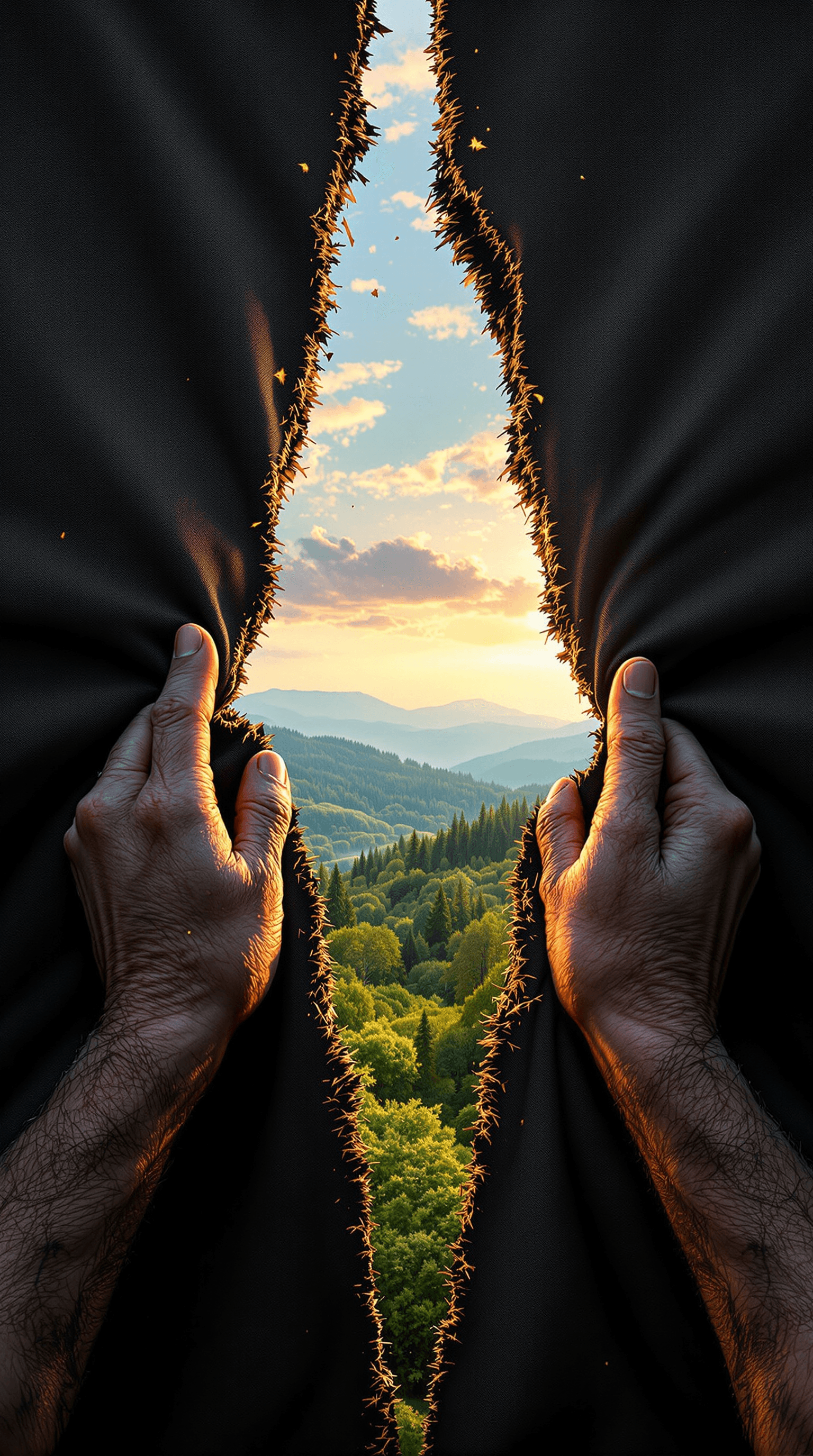 AI generated: Close-up focus on a pair of rugged, weathered hands positioned as if pulling apart a dense, shadowy ...