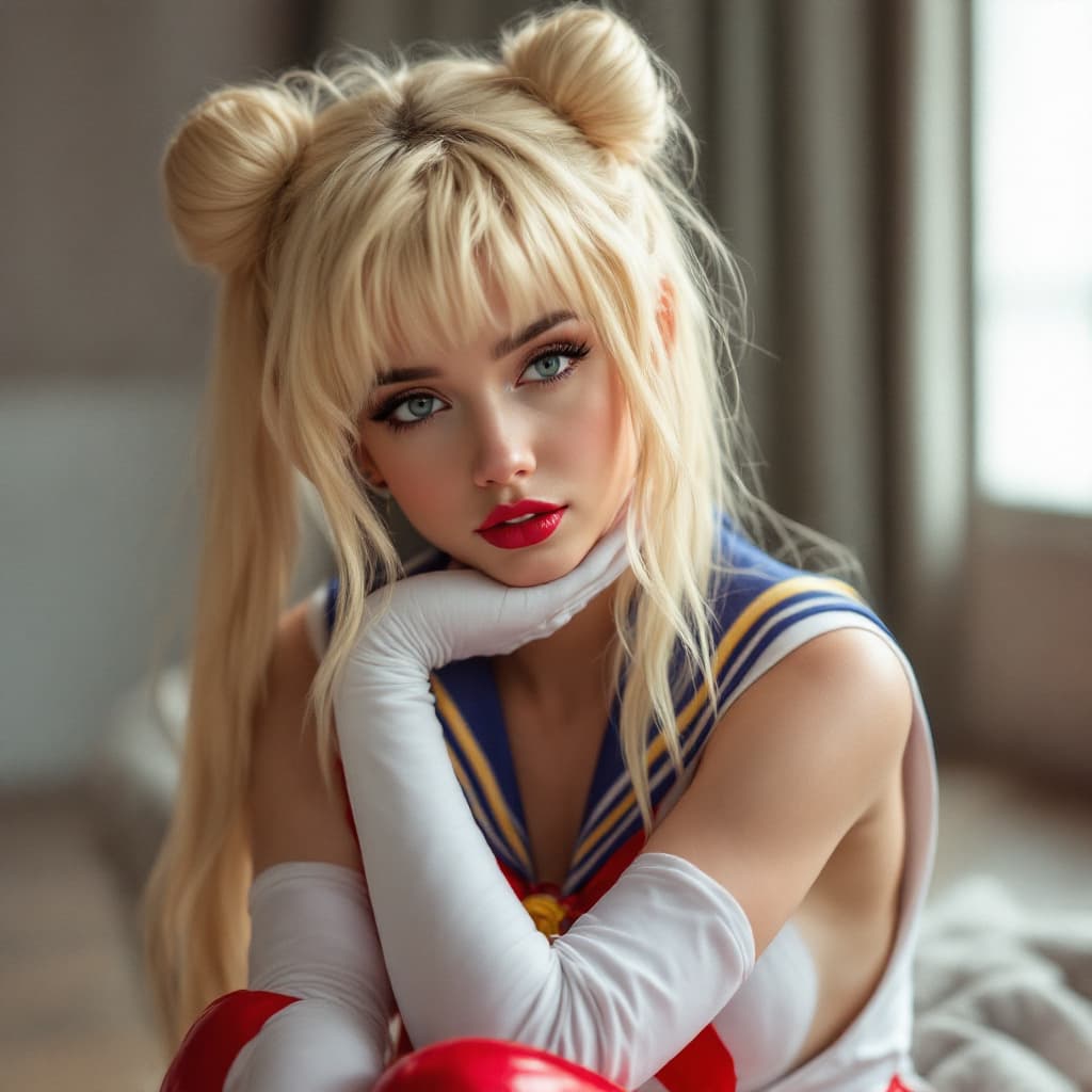 AI generated:  cute european Miley cyrus,hot sailormoon cosplay ,posing , epic action scene,real photo,full body,y...