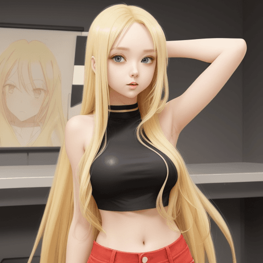 AI generated: hot long blonde hair anime girl tall and hot crop top fat