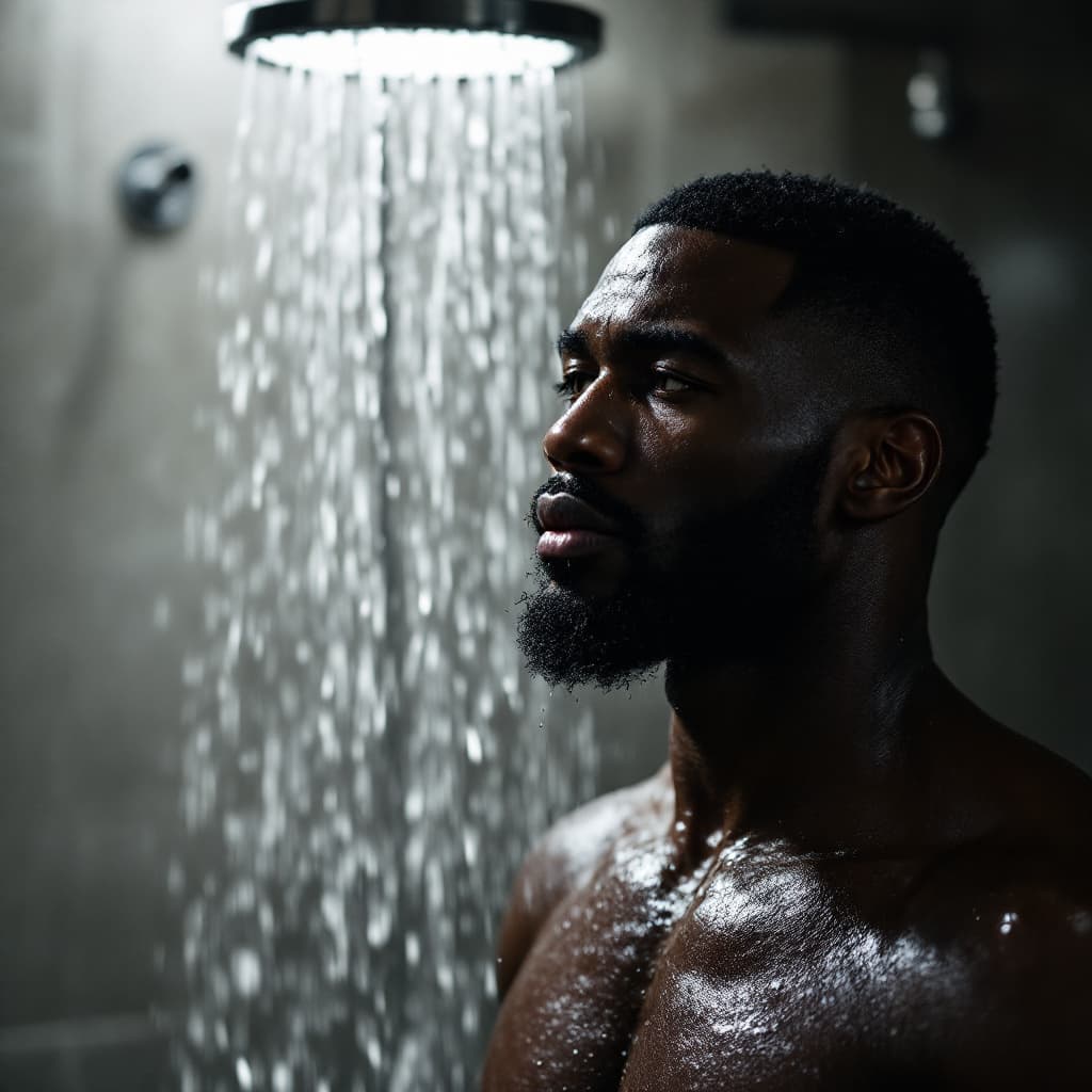 AI generated: realistic nude black man getting out of shower at gym
