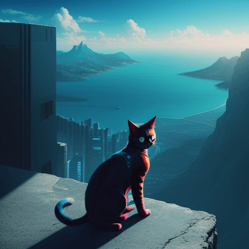AI generated: Image of a cat looking at him and 'over the world' from the top of a mountain overlooking a blue bay...