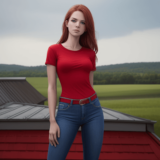 AI generated: red shirt, red jeans, country girl, standing on roof (detailed skin 1, 0)