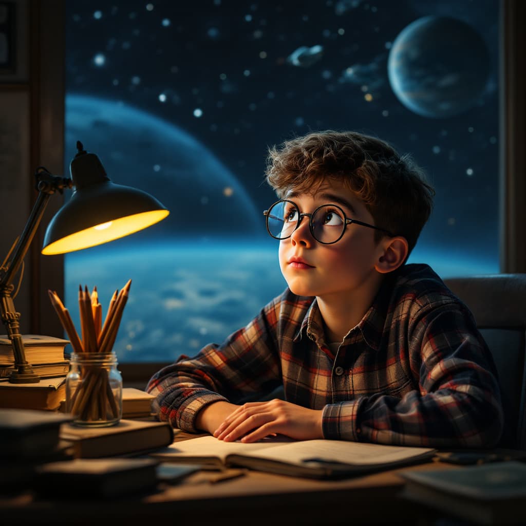 AI generated: Young boy with glasses, dreamy gaze, studying at desk, space background, starry sky, planet Earth, s...