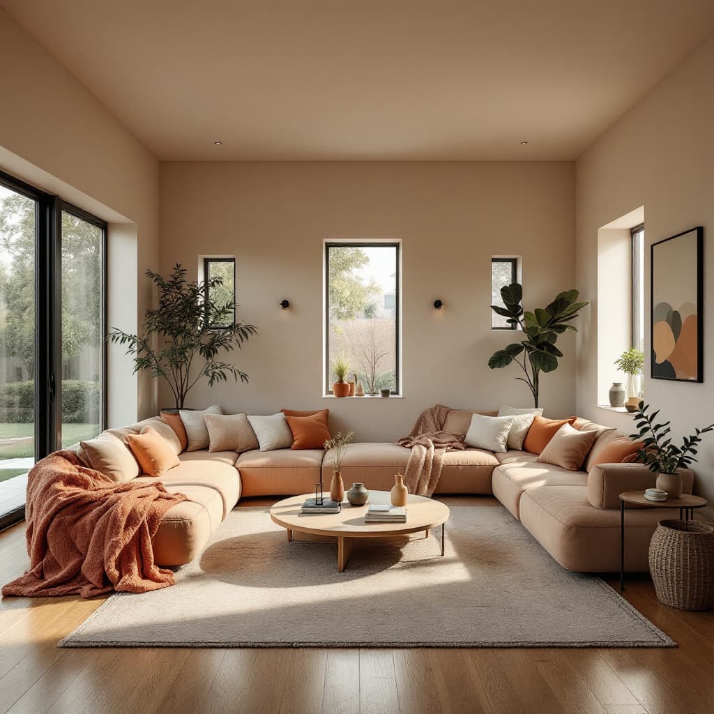 AI generated: High resolution photography interior design, dreamy sunken living room conversation pit, wooden floo...