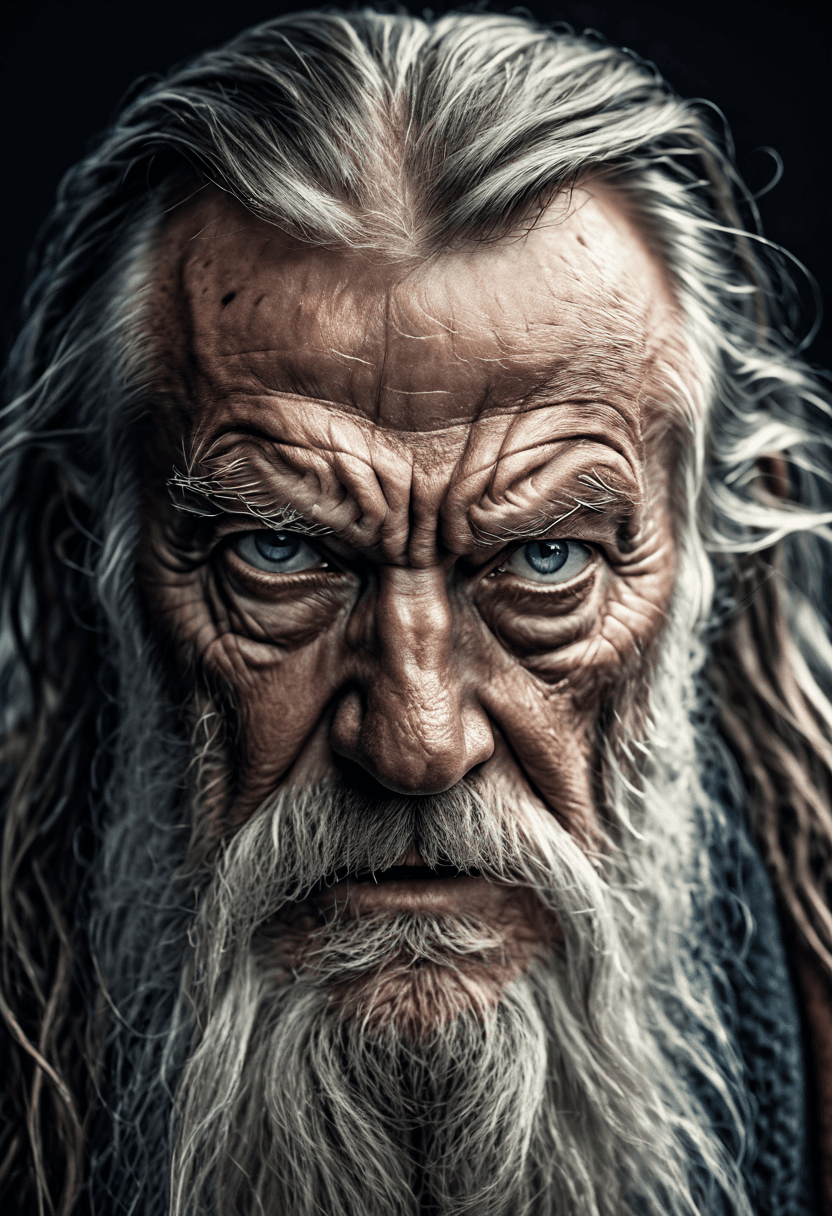 AI generated: The image features an older man, a long white beard and mustache, staring directly into the camera. ...