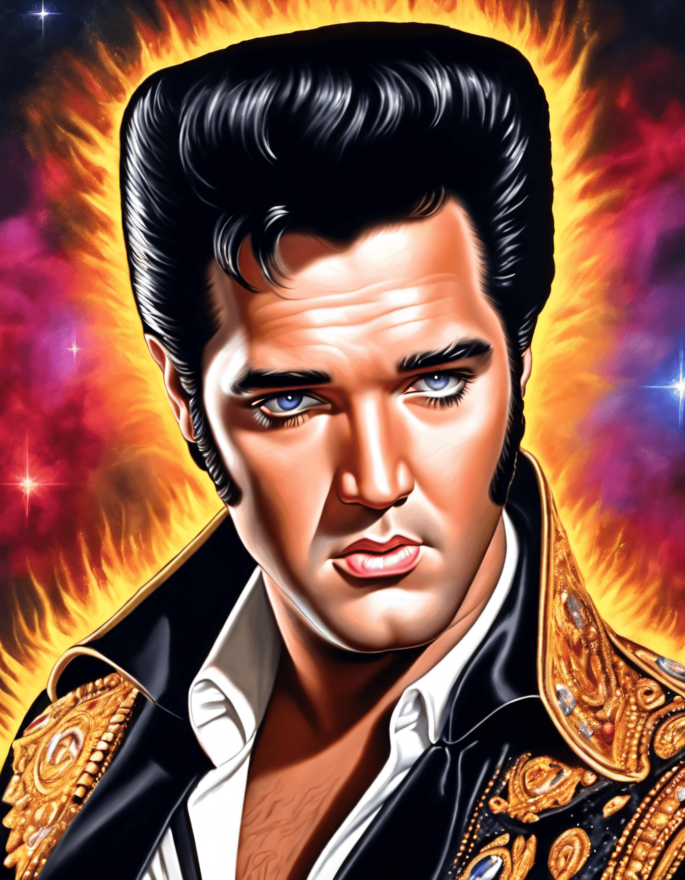 AI generated: Masterpiece, Best Quality, Kitschy black velvet painting , a rugged man , . Glowing colors, Elvis po...