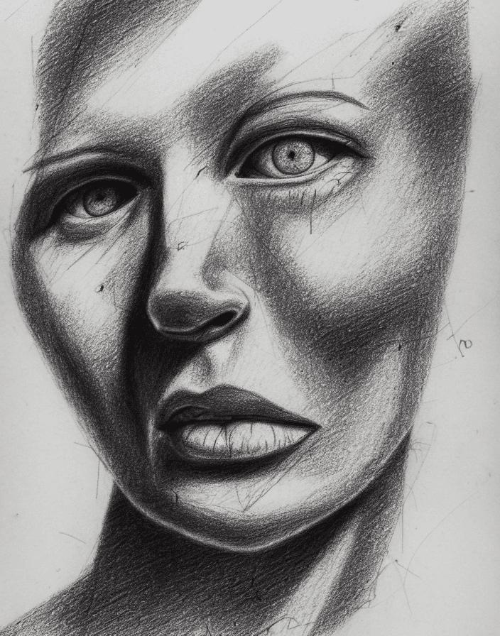 AI generated: [(whole human face):1], pencil drawing, trembling design, many cancellations, overhanging, drawn ver...
