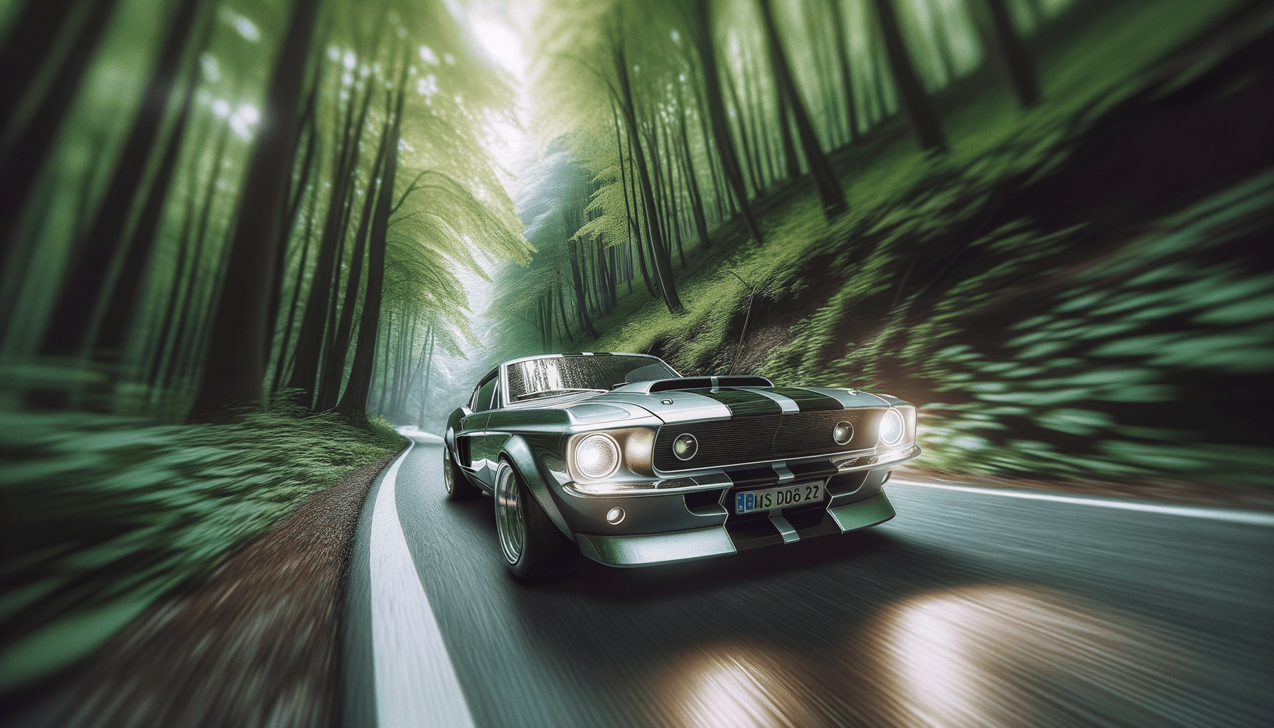 AI generated: 2040 Mustang races down a forested road