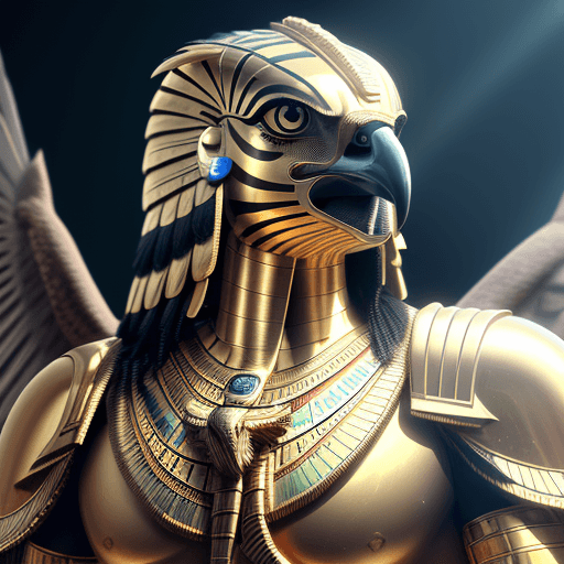 AI generated: Horus, (hawk head, golden armor, Egyptian makeup), (Egyptian background), cinematic shot, dynamic li...