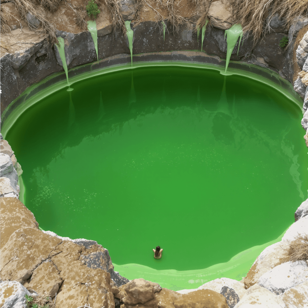 AI generated: a large and deep slime pool, woman sit on the bottom