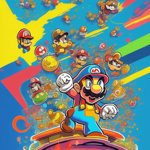 AI generated: Super Mario  epic, swirls, bursting, vivid, 4k, professional quality, style of Dan Mumford and Petro...