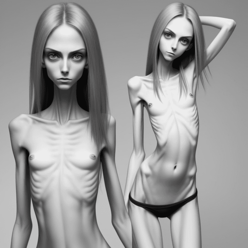 AI generated: extreme beautiful skinny face of skinny (almost anorexic) girl with a very thin belly