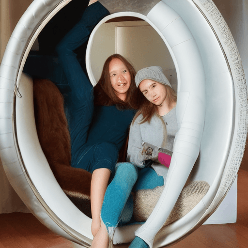 AI generated: 2girls, young teens in a cozy futuristic oval leather cell