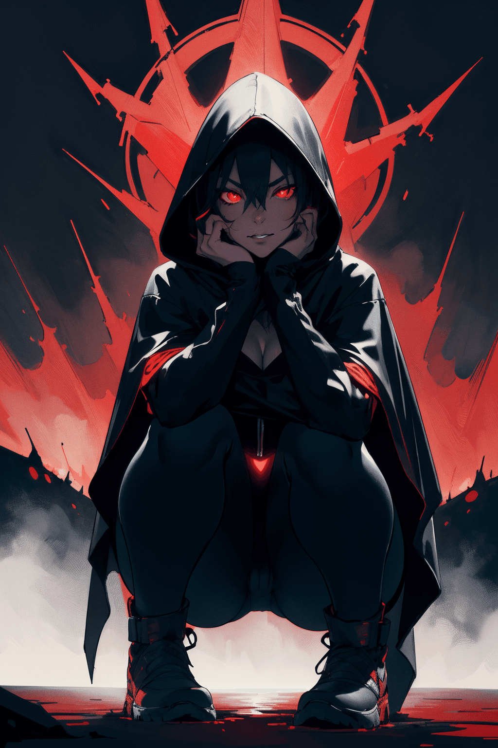 AI generated: Evil young woman, glowing red eyes, wearing a hooded poncho, black jeans, surrounded by a dense fog,...