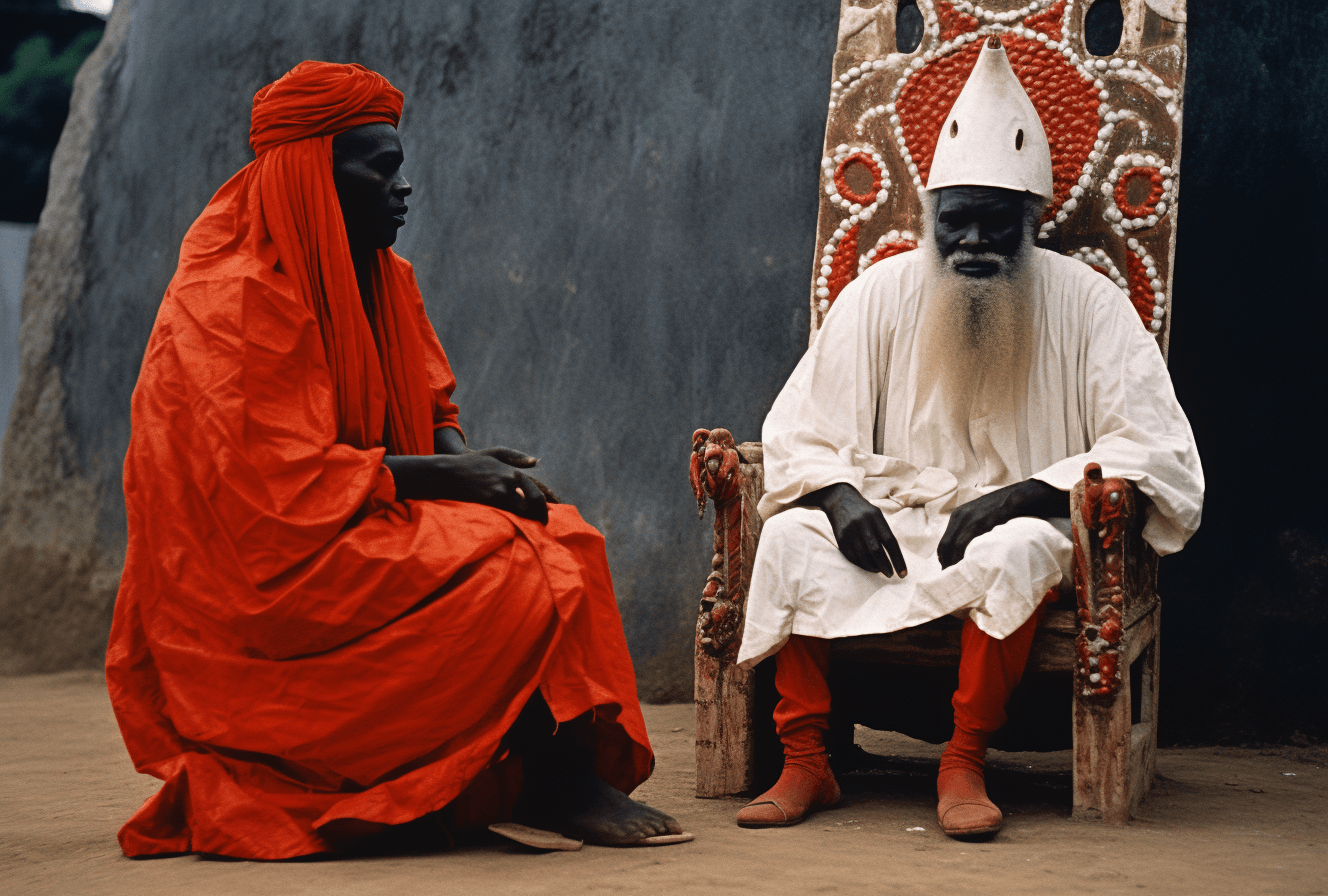 AI generated: a man sits on a white throne talking to a woman wearing a robe, in the style of papua new guinea art...