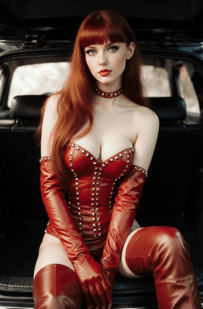 AI generated: A digital painting of a woman with long red hair and bangs, dressed in a red, studded bustier, match...