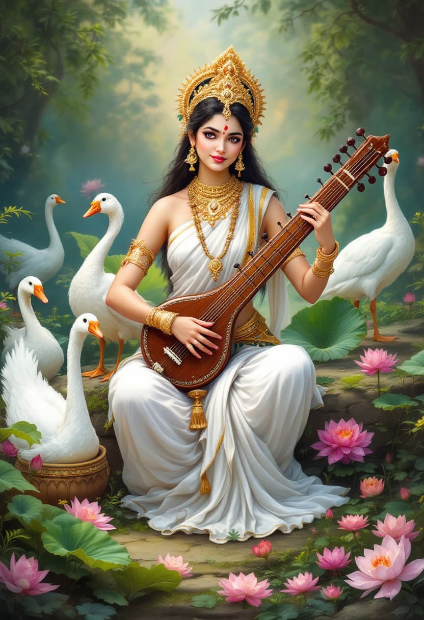 AI generated: A beautiful saraswatee goddess in a white sari playing veena,one White goose,wild flowers,greenery,l...