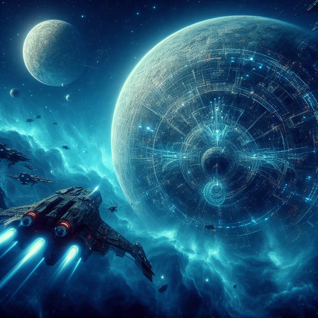 AI generated: You're on a journey through space, traveling in a high-tech 🚀. In the distance, you see a magnifice...