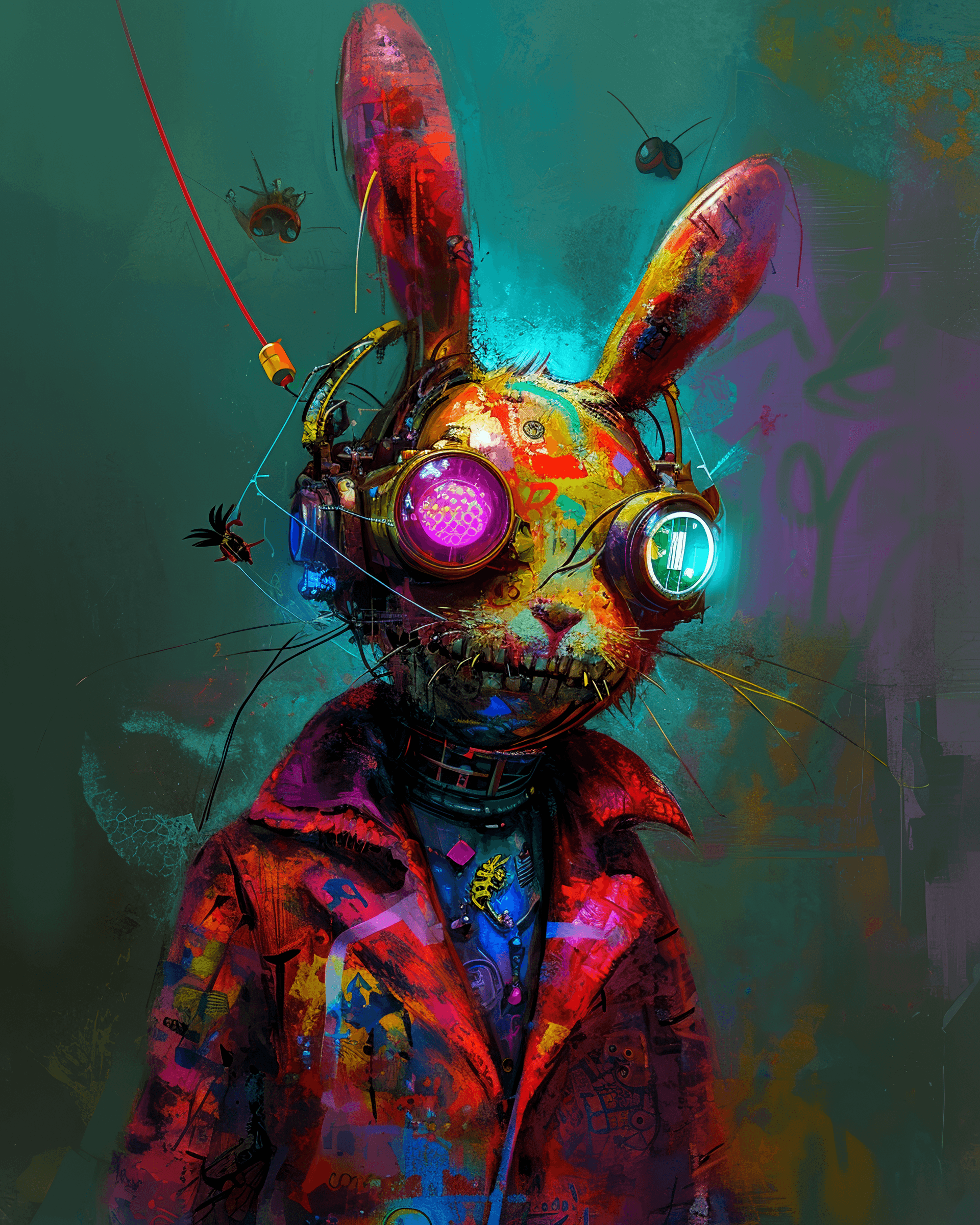 AI generated: a zombie bunny with a colored collar, in the style of cyberpunk futurism, playful yet dark, colorful...