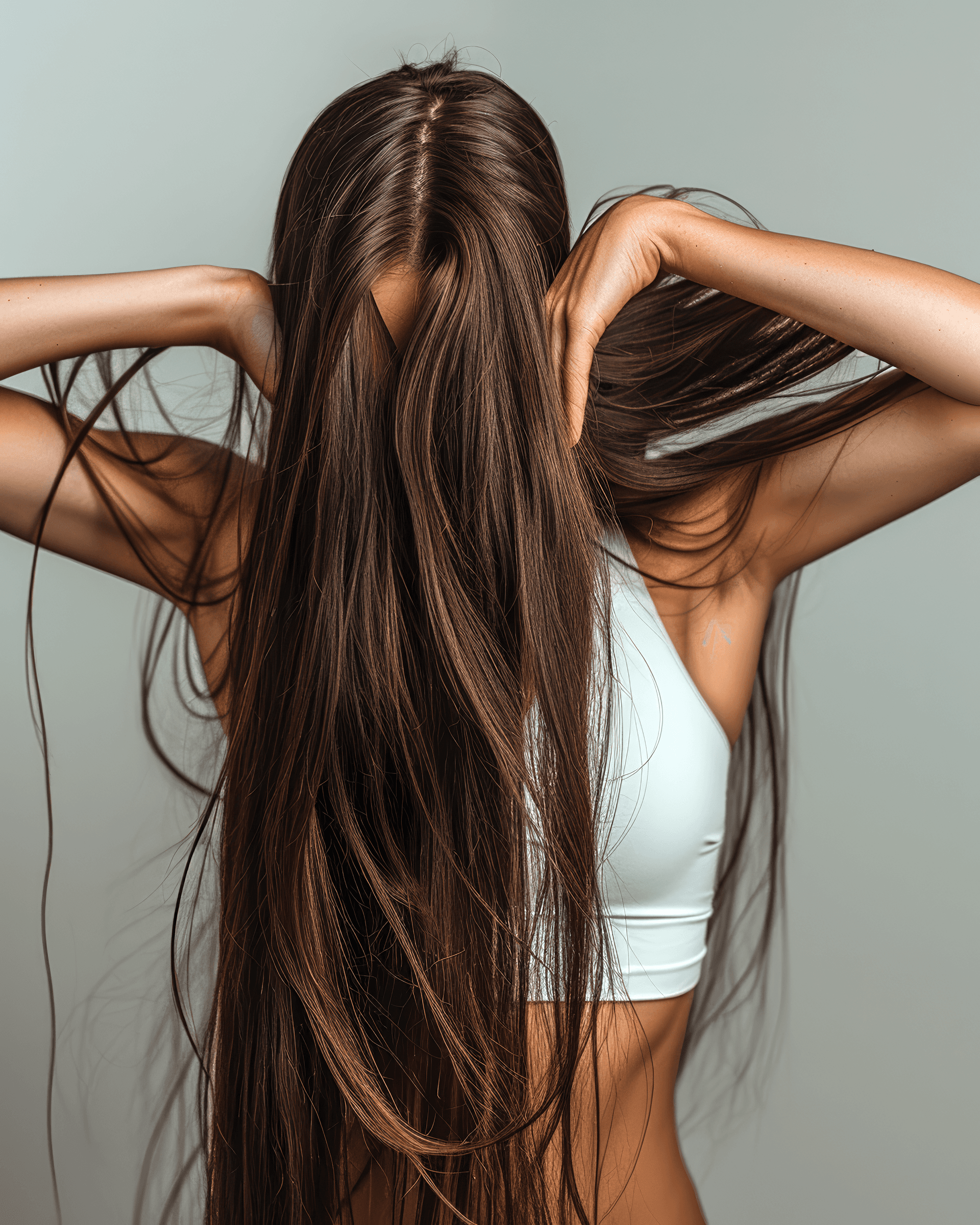 AI generated: very realistic front-view photo of a fitness woman bending forward with very long brown hair, all ha...