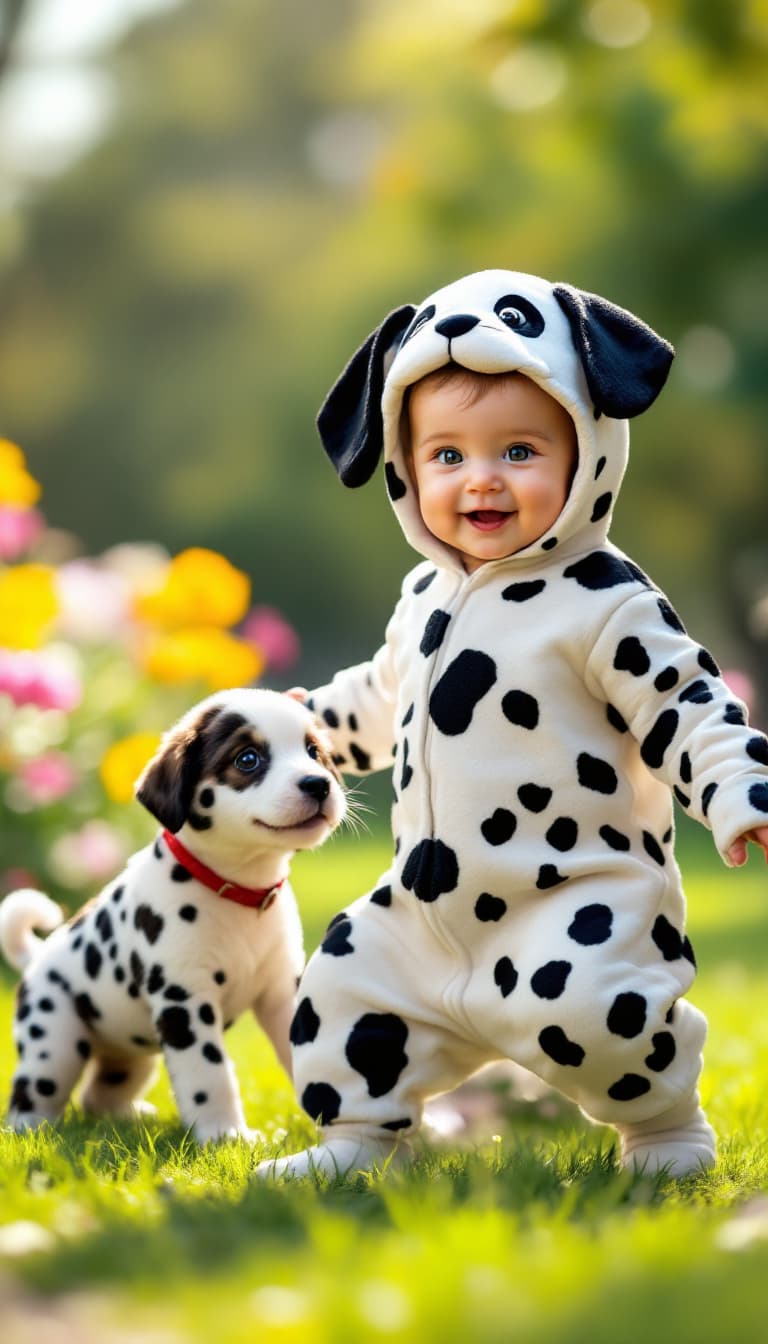 AI generated: A hyper-realistic image of a baby dressed in an adorable Dalmatian puppy costume, complete with blac...