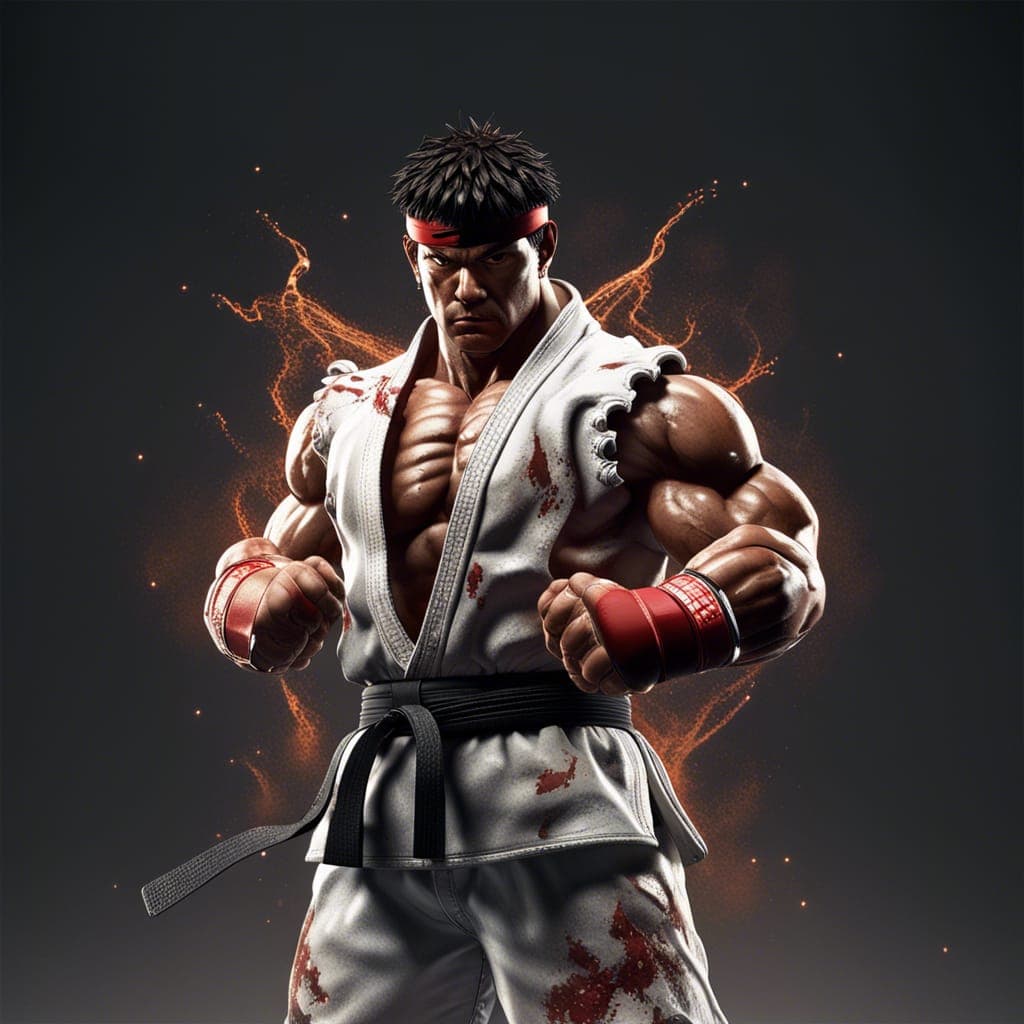 AI generated: Street Fighter Ryu, color, full body, muscular, intricate, highly detailed, photorealistic, splash, ...
