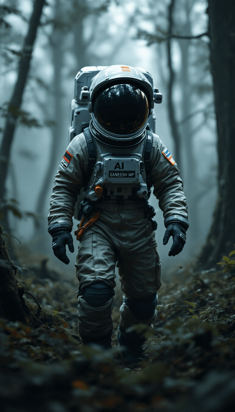 AI generated: Realistic image of an Astronaut in a heavy forest, cold color palette, muted colors, very detailed, ...