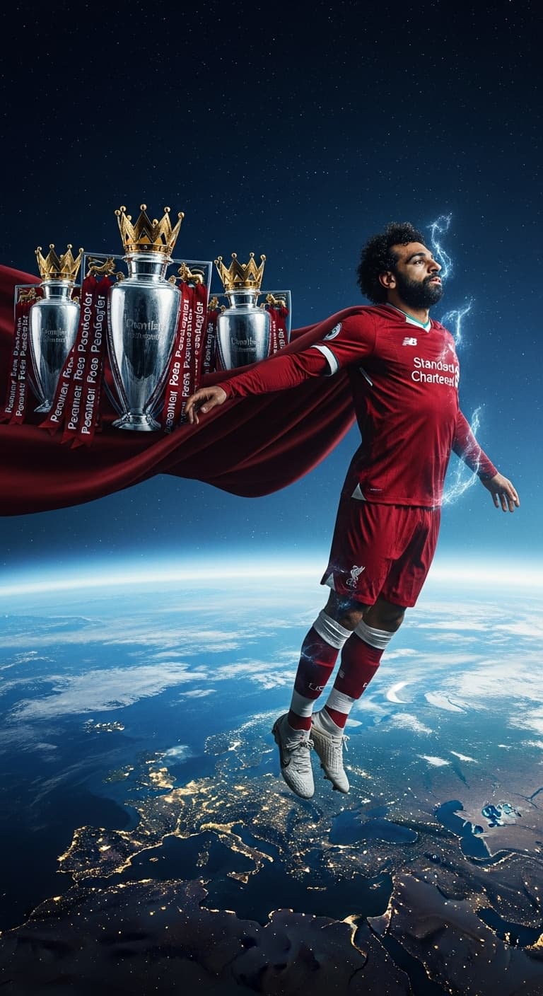 AI generated: Mo Salah as a superhero, cape made of English Premiere League trophies, hovering over Earth.