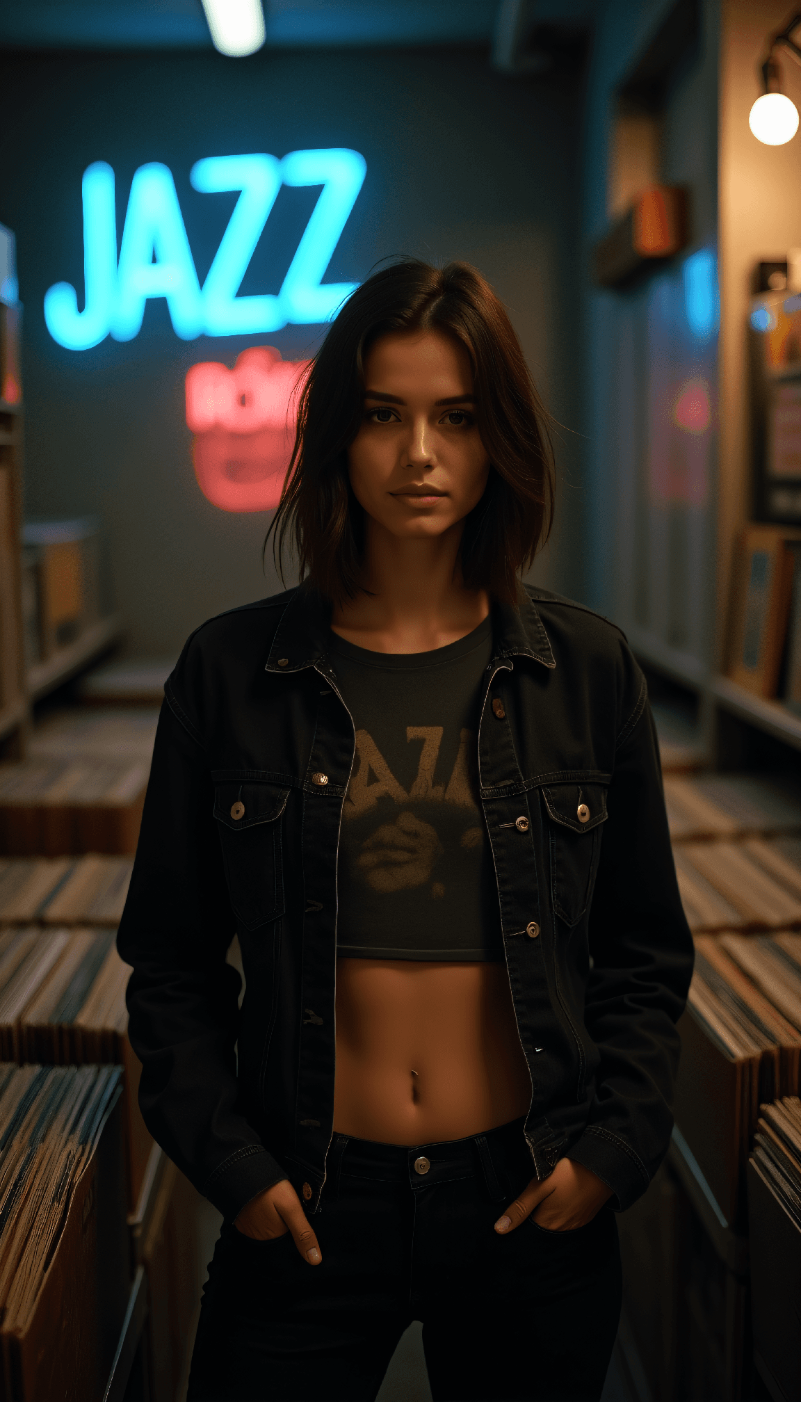 AI generated: A half-body portrait in Jarmusch's nocturnal style: A woman poses in the back room of an underground...