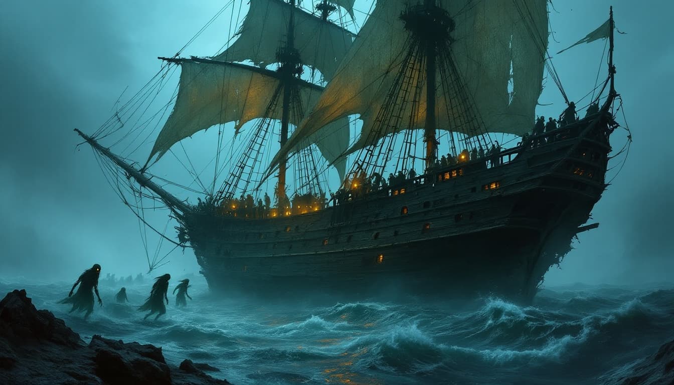 AI generated: Depict the Flying Dutchman, the infamous ghost ship of legend, as an ancient and spectral vessel los...