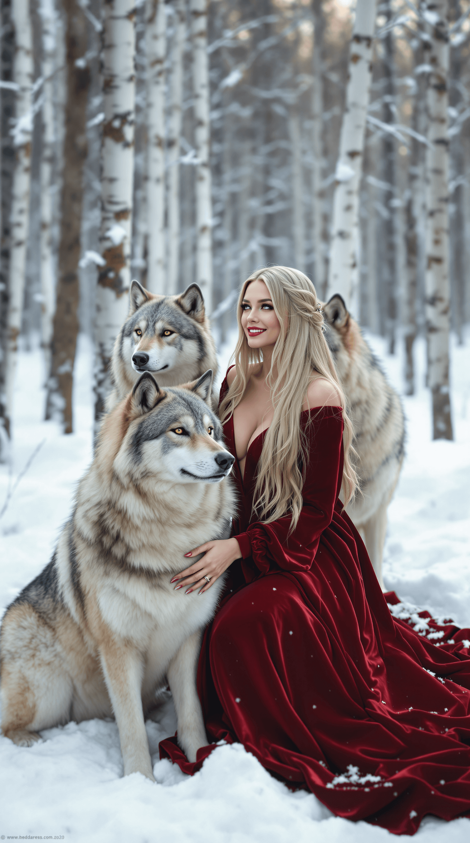AI generated: A stunning woman in a deep crimson, flowing velvet gown kneels in a snowy forest, surrounded by two ...