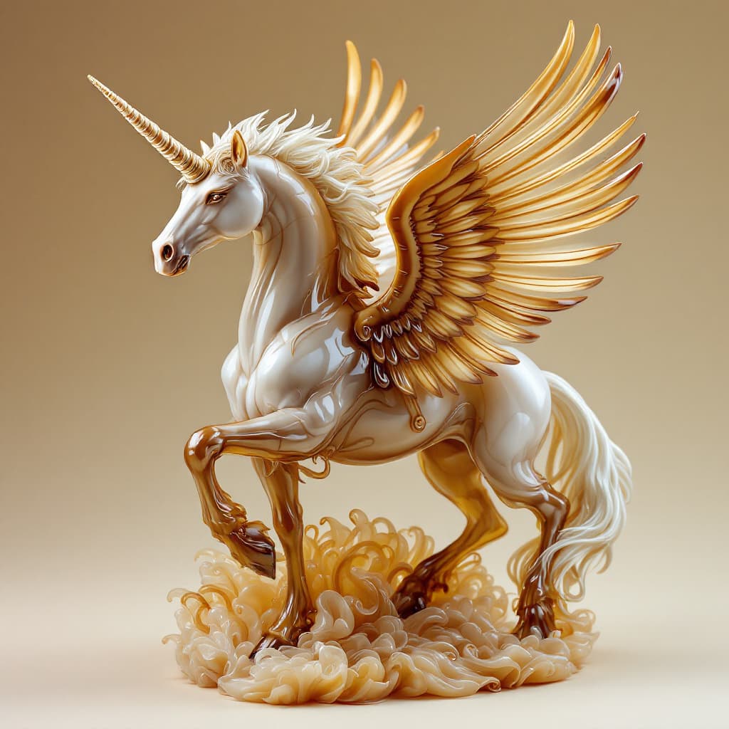 AI generated:  Semi-transparent gelatin sculpture of a majestic pegasus-unicorn hybrid, with a sleek horse body, a...