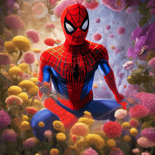 AI generated: portrait of spider man in the underworld, surrounded by flowers king, genie, tom, rococo, contempora...