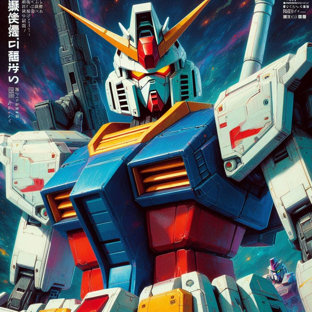 AI generated: Portada de revista japonesa de anime de Gundam con colores llamativos, masterpiece