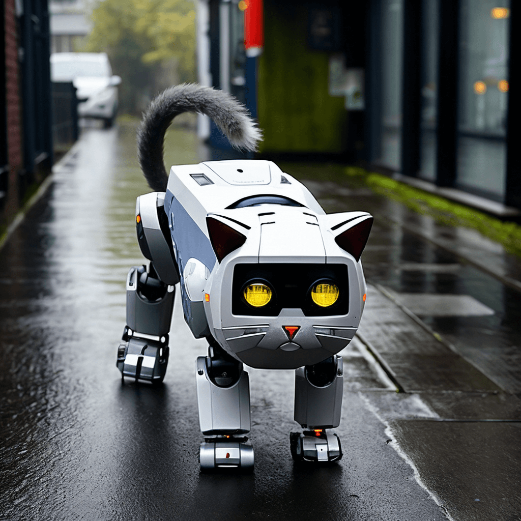 AI generated: robotic cat walking down wet moody alley <lora:robots-000004:0.5>