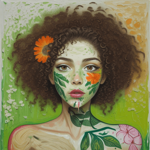 AI generated: expressionism painting of beautiful of woman face, flower printed skin, flower patterns on face, gre...