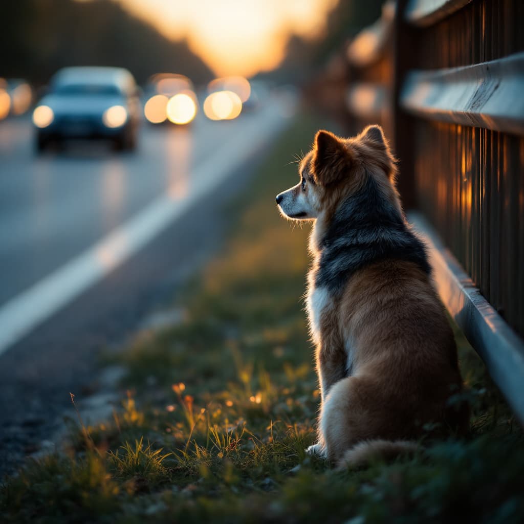 AI generated: A dog abandoned sits along a busy roadside, gazing longingly at the oncoming traffic. The background...