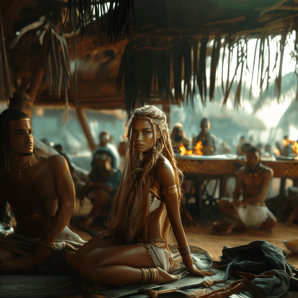 AI generated: beautiful nordic viking princess, she have viking warriors men with viking face painting, there is a...