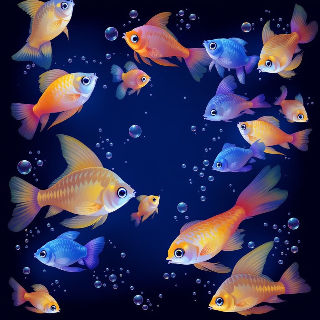 AI generated: blue, guppies, fins, gills, guppies, bubbles, scales, currents 
--ar 16:9 --profile 9wfmrw7 993hh3f ...