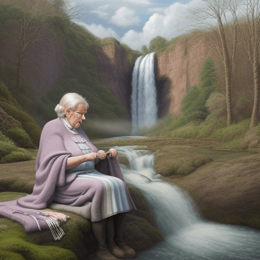 AI generated: A living painting style 3D image of an oversized old woman knitting a blanket that is a landscape  s...