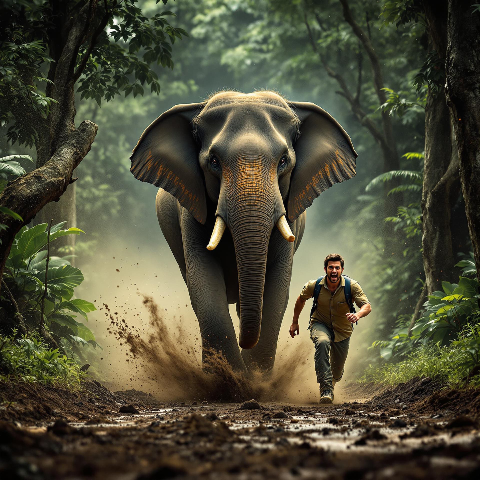 AI generated: Create a dramatic and dynamic image set in a deep Kerala forest, depicting an elephant running behin...