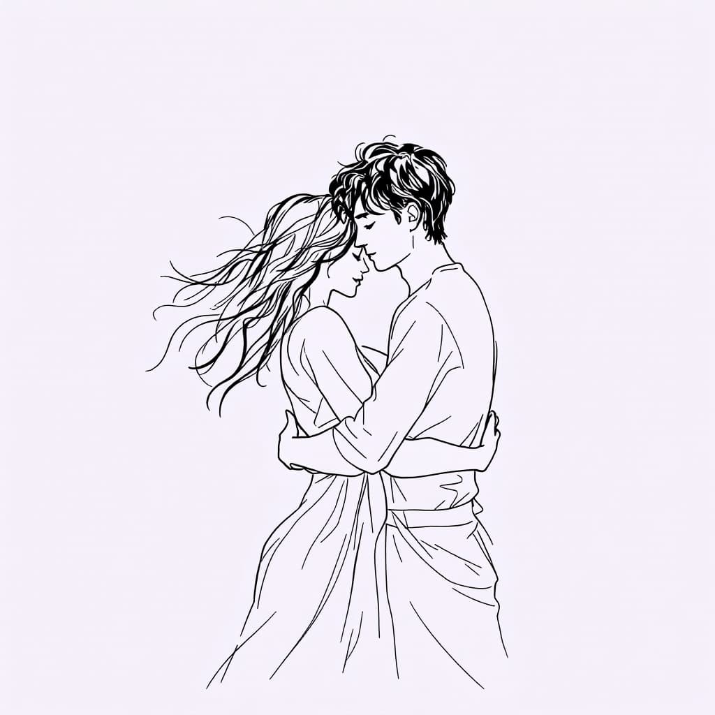 AI generated: minimalist line art drawing of a couple that hug eachother, sketched in continuous black lines again...