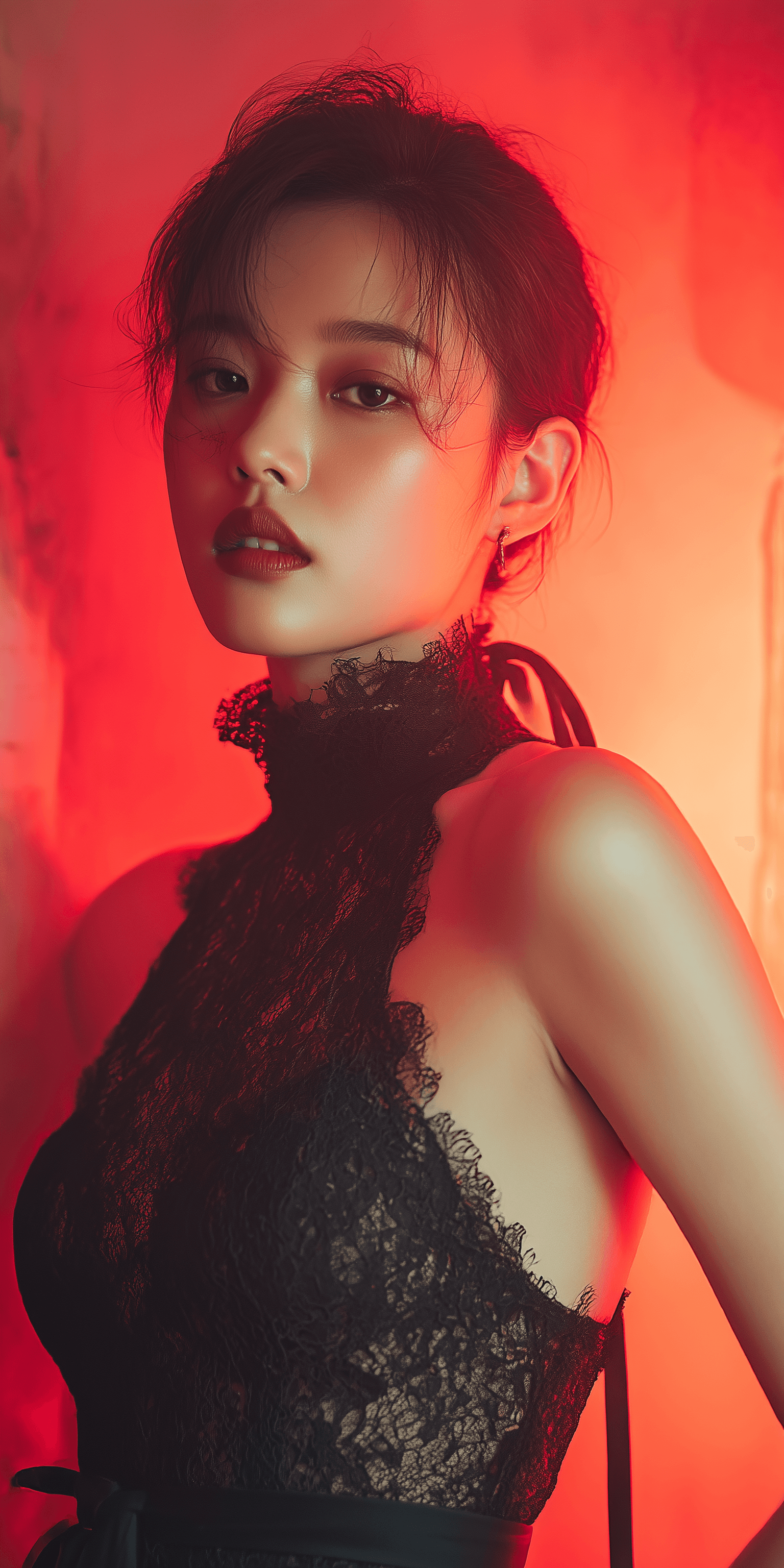 AI generated: A photograph of the gorgeous Chinese actress K in an elegant black dress with lace details, posing f...
