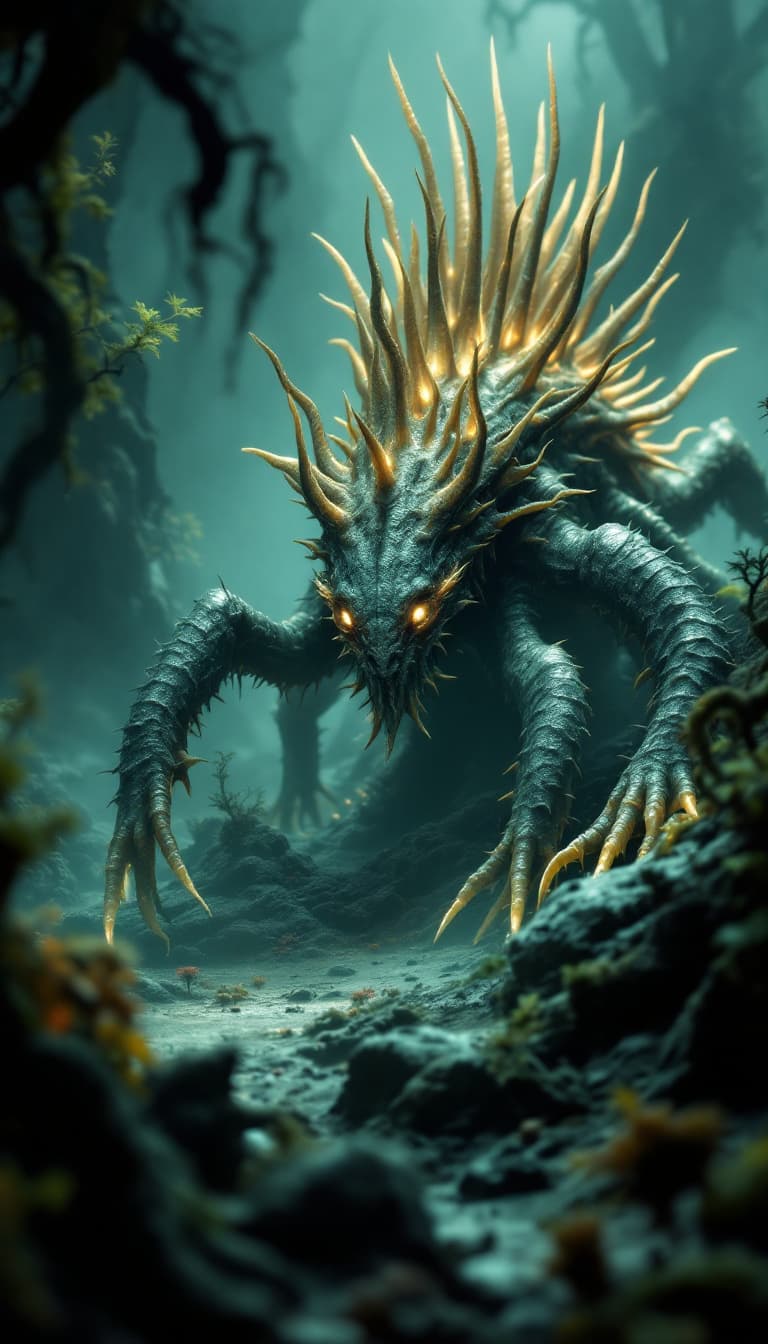 AI generated: A surreal and eerie Hallucigenia, a prehistoric creature from the Cambrian period, crawling through ...