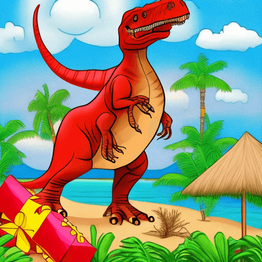 AI generated: t-rex dinosaur with santa hat on a tropical beach. line drawing only that can be used as a coloring ...