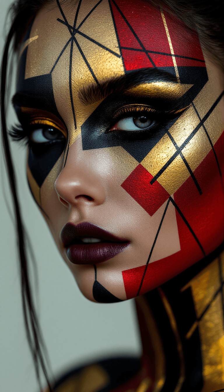 AI generated: A hyperrealistic image of a woman, showcasing an elaborate body paint design with sharp lines and pr...