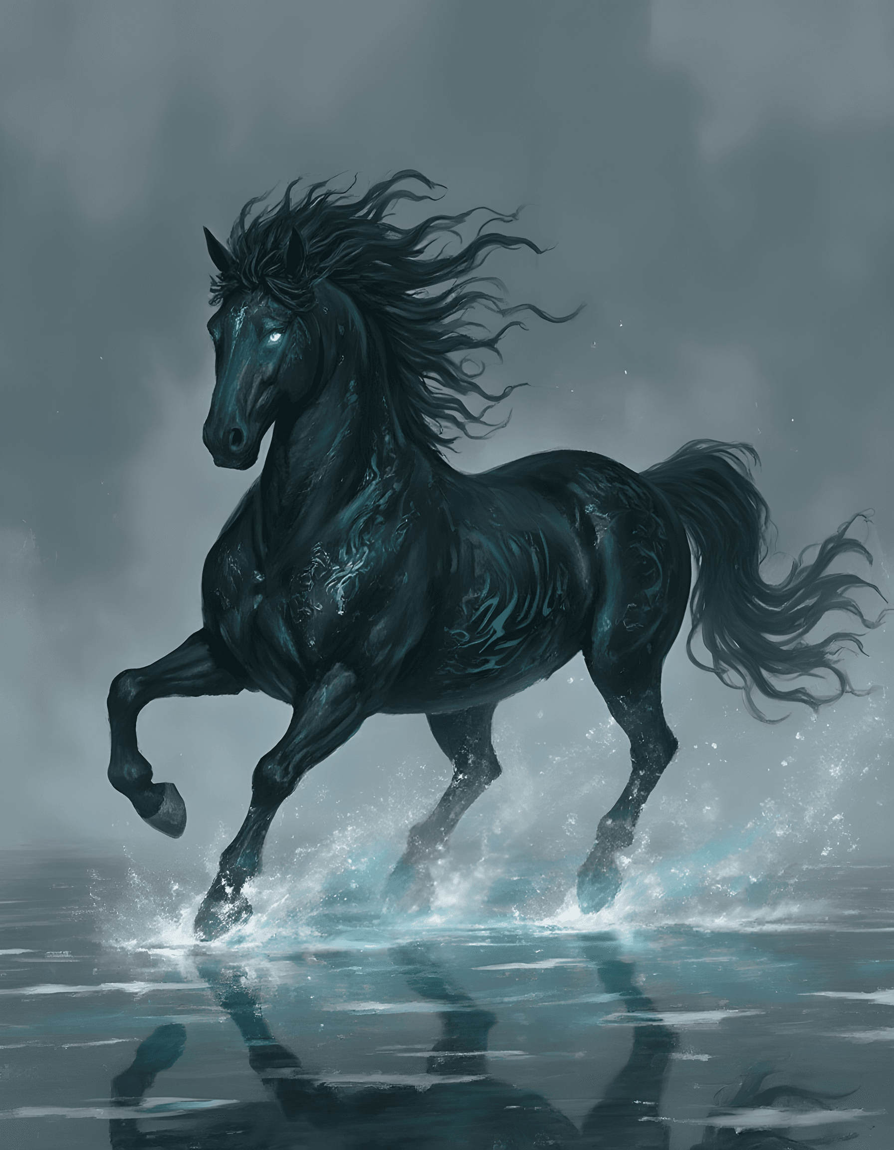 AI generated: A powerful, dark horse with glowing blue eyes and intricate, glowing markings on its body gallops th...
