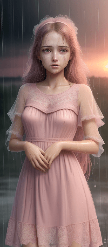 AI generated: Beautiful girl 20 years old in a pink modern lace dress with threads, in the style of hyperrealism a...