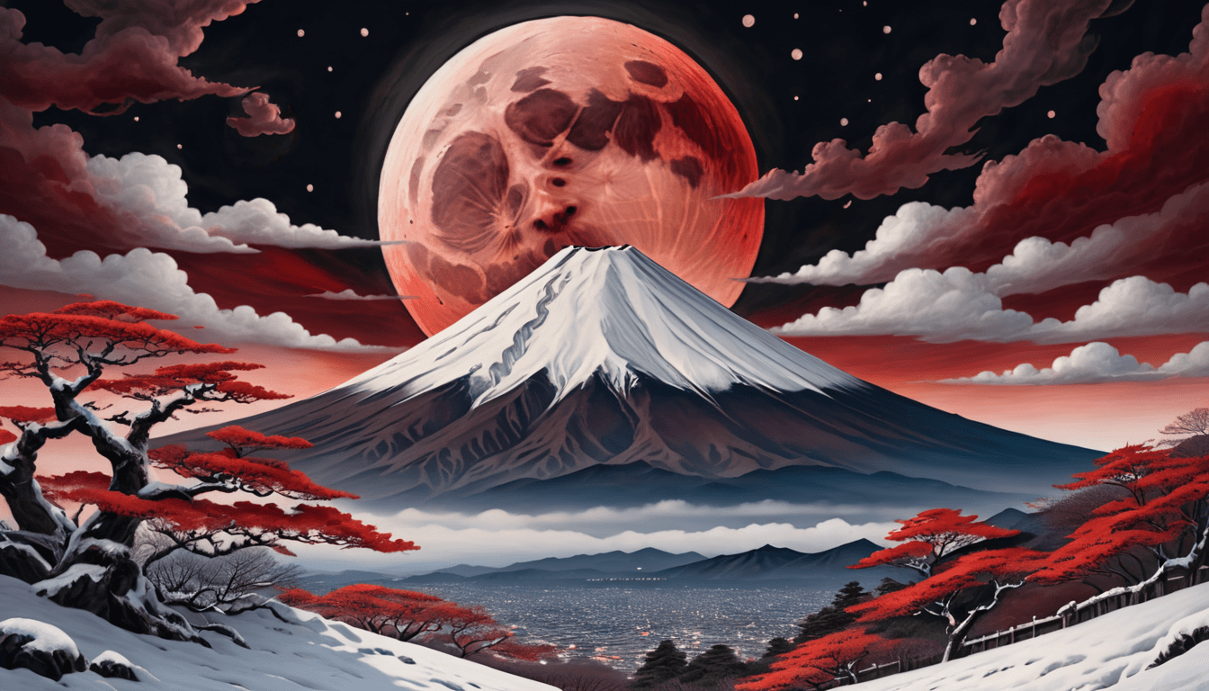 AI generated: bohemian style painting of snowy Mount Fuji close up with blood moon and sparse clouds